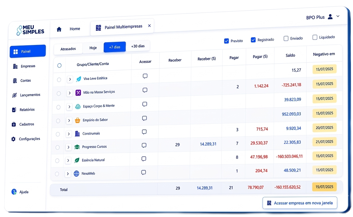 Painel multiempresa do sistema financeiro MeuSimples